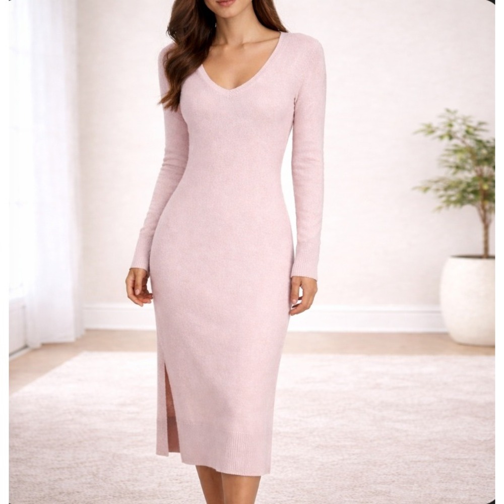 Something Navy Sweater Dress Womens XS Pink Cashmere Silk V-Neck Midi Slit READ
